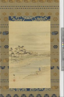 River-landscape: lumber yards and rafts, mid 19th century. Creator: Utagawa Hiroshige II.