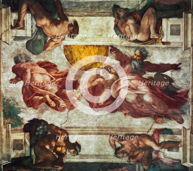 The Creation of the Sun, the Moon and the Plants. Sistine Chapel ceiling in the Vatican , 1508-1512. Creator: Buonarroti, Michelangelo (1475-1564).