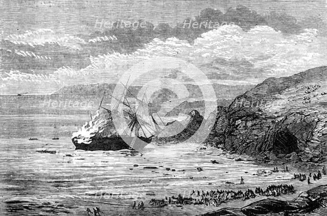 Wreck and burning of a barque in Mount's Bay, Cornwall, 1881. Creator: Unknown.