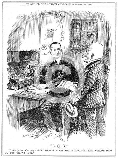 Mr Punch thanking Marconi for wireless telegraphy which was saving lives at sea, 1913. Artist: Leonard Raven-Hill