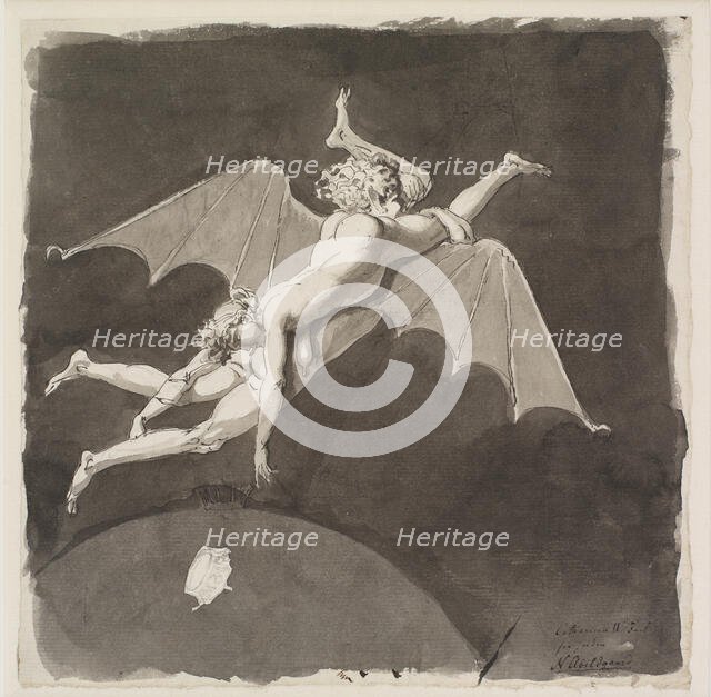 Catherine the Great, naked, flying away from the Earth on the Back of a Man with Bat Wings, 18th cen Creator: Abildgaard, Nicolai Abraham (1743-1809).