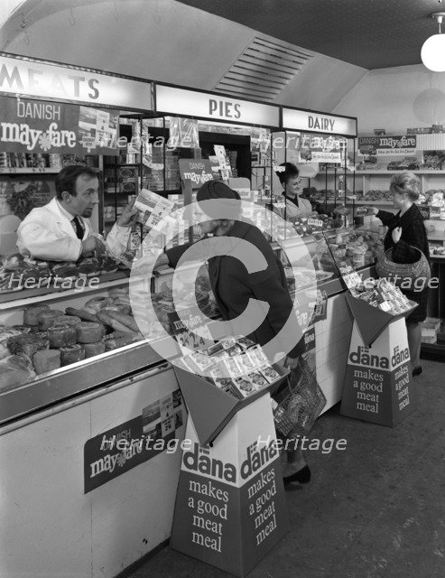 Danish Bacon May Fare shop display, Wath upon Dearne, South Yorkshire, 1964. Artist: Michael Walters