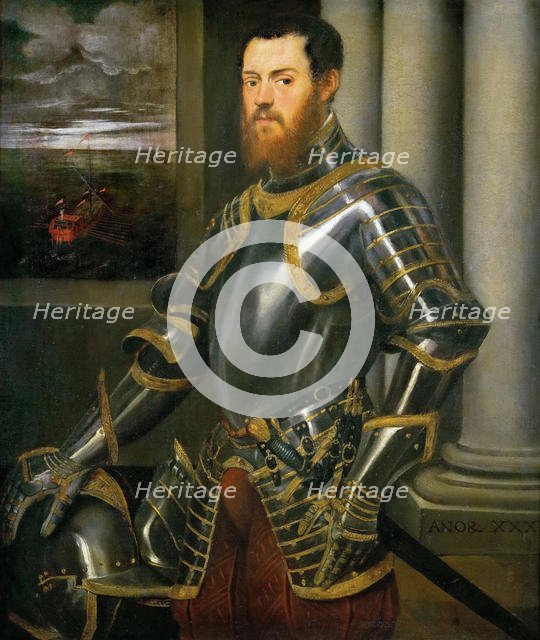 Portrait of a Man in a Gold decorated Suit of Armor, ca 1555. Creator: Tintoretto, Jacopo (1518-1594).