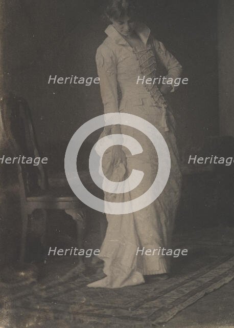 [Woman in White Laced-bodice Dress in Studio of Thomas Eakins], 1880s., 1880s. Creator: Thomas Eakins.