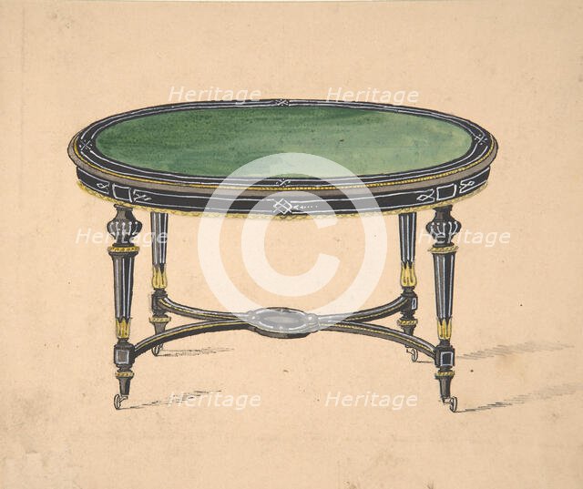 Design for a Round or Oval Table with a Green Top and Black and Gold Sides and Legs,19th cent. Creator: Anon.
