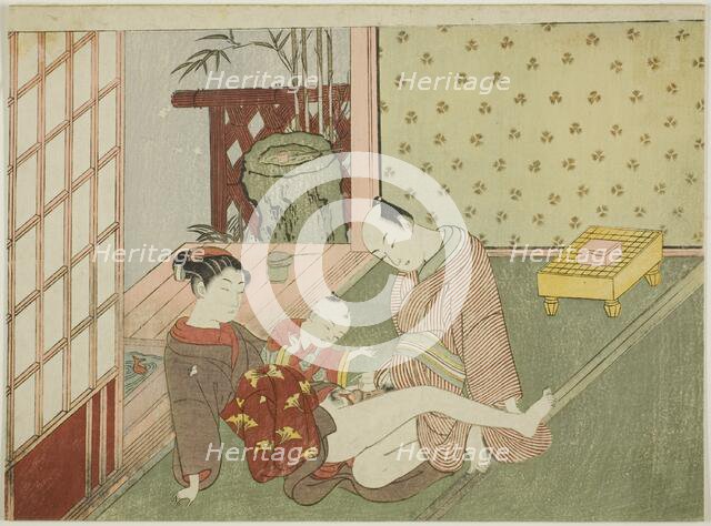 Lovers with Young Attendant Looking on, from an untitled series of erotic prints, c. 1766. Creator: Suzuki Harunobu.