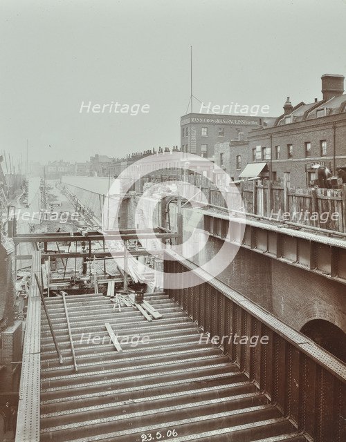 Construction of the bridge approach to Rotherhithe Tunnel, Bermondsey, London, 1906. Artist: Unknown.