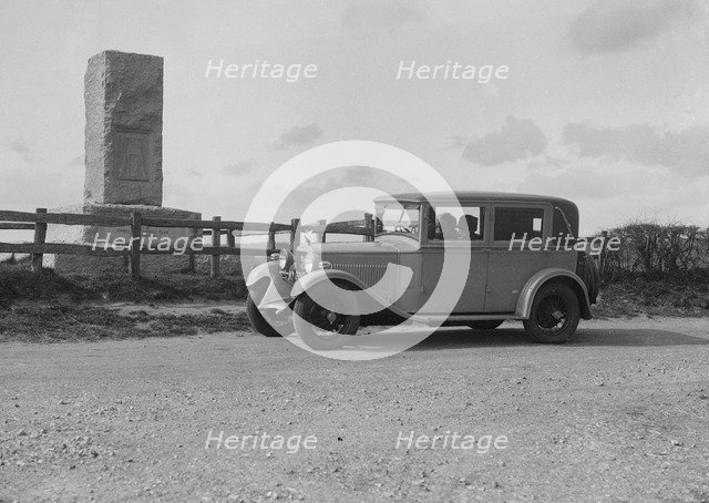 Kitty Brunell's Bianchi saloon beside the Cricket Monument, Hambledon, Hampshire, 1930s Artist: Bill Brunell.