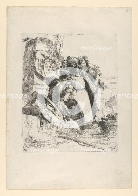 A magician, a soldier and three figures watching a burning skull from the Scherzi d..., ca. 1743-50. Creator: Giovanni Battista Tiepolo.