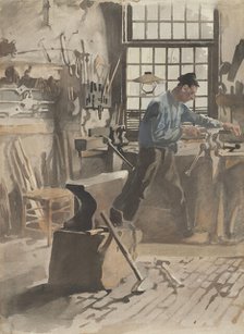 Blacksmith at work in his forge, 1870-1923. Creator: Willem Witsen.