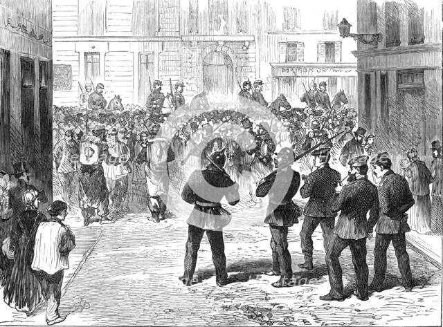 The Germans in Paris: the line of demarcation, French and Prussian sentries, rue du Colisée, 1871. Creator: Unknown.