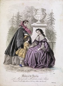 Two women and a child wearing the latest fashions in a garden setting, 1858. Artist: Anon