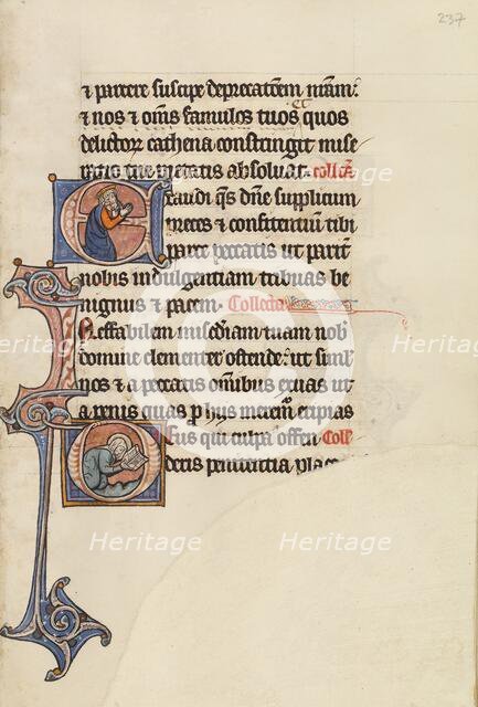 Initial E: David Praying: Initial D: A Female Saint Praying; Bute Psalter, about 1285. Creator: Bute Master.