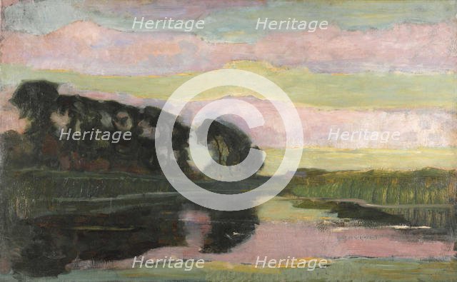 River landscape with pink and yellowgreen sky, ca 1907-1908. Creator: Mondrian, Piet (1872-1944).