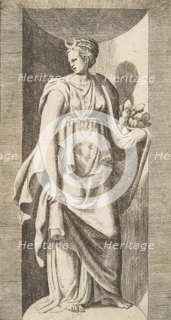 Diana holding fruit in her left hand standing within a niche, ca. 1531-76. Creator: Giulio Bonasone.