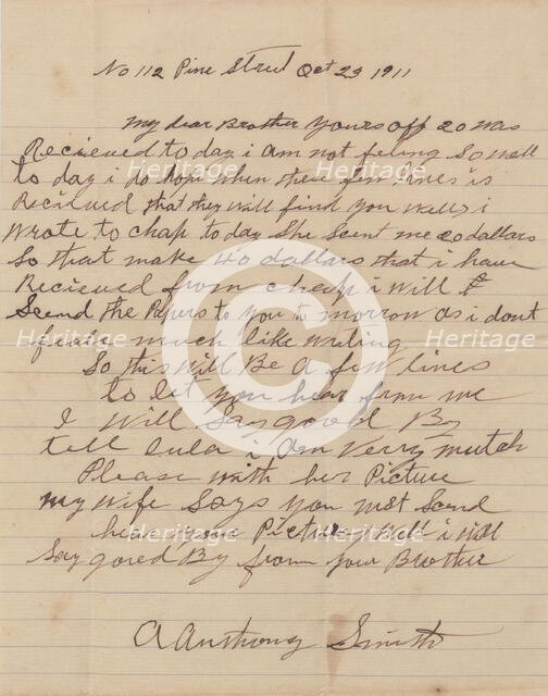 Letter from A. Anthony Smith, an African-American man, to his brother, 1911.  Creator: Unknown.