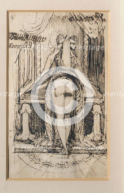 Callipyga. Lady with raised skirts, standing in front of a dressing table with phallic supports.