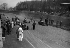 MG Q type, Frazer-Nash Shelsley and Bugatti Type 51 on the starting grid at Donington Park, 1930s. Artist: Bill Brunell.