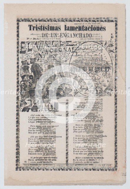 Broadsheet relating to people being tricked into working in tobacco fields, a man warning ..., 1903. Creator: José Guadalupe Posada.