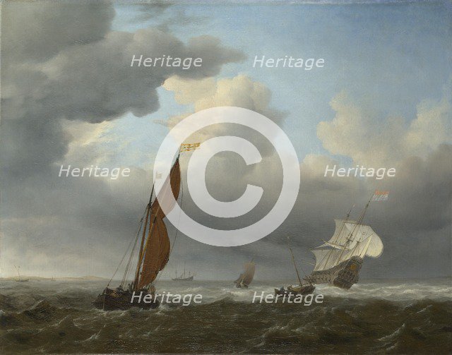 A Dutch Ship and Other Small Vessels in a Strong Breeze, 1658. Artist: Velde, Willem van de, the Younger (1633-1707)