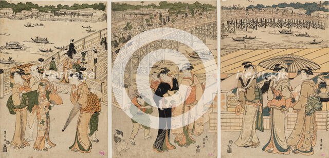 Ryogoku Bridge with figures in the foreground, 18th century. Creator: Utagawa Toyokuni I.