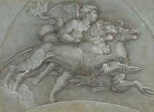 A Winged Putto Riding a Sea Horse and a Lion (after Raphael); verso..., 1574. Creator: Dionisio Calvaert.
