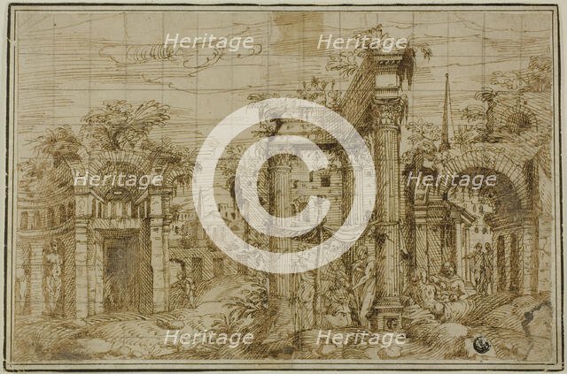 Ruins of Roman Forum, with Figures, c. 1550. Creator: Giovanni Battista Pittoni.