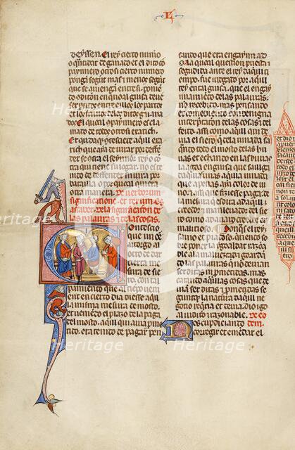 Initial C: Three Men, One Treading Grapes, before a King; Vidal Mayor, about 1290-1310. Creator: Unknown.