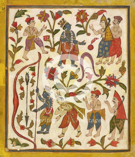 Krishna and the Bow, folio 24 from the "Tula Ram" Bhagavata Purana, ca. 1720. Creator: Unknown.