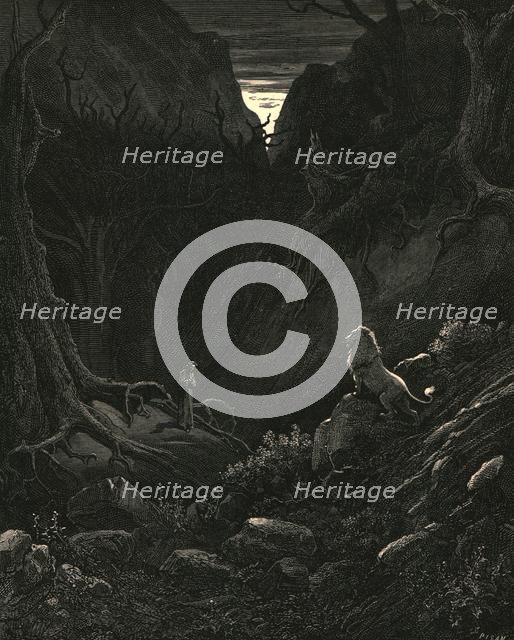 'A lion came, 'gainst me as it appear'd', c1890. Creator: Gustave Doré.