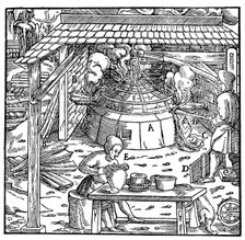 Separating lead from silver or gold in a cupellation furnace, 1556. Artist: Unknown