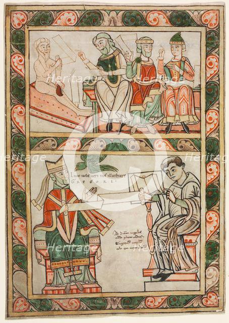 Title Page of St. Gregory's "Moralia": Job Visited by His Three Friends (above)..., c. 1143-1178. Creator: Abbot Frowin (Swiss), probably by.