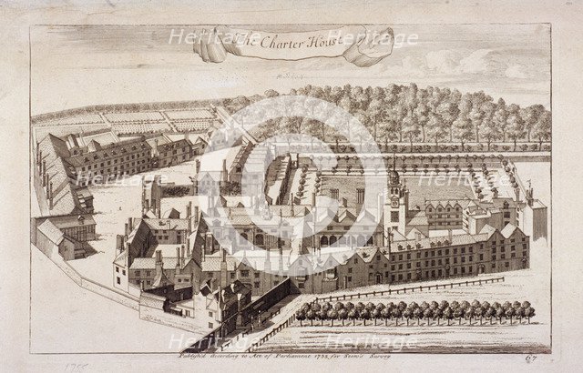 Aerial view of Charterhouse, Finsbury, London, 1755. Artist: Anon