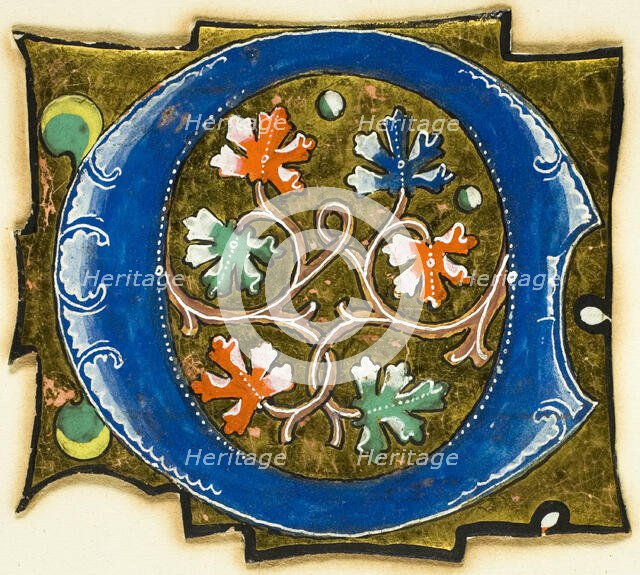 Decorated Initial "O" with Six Oak Leaves and Two Balls, 14th century or modern, c. 1920. Creator: Unknown.