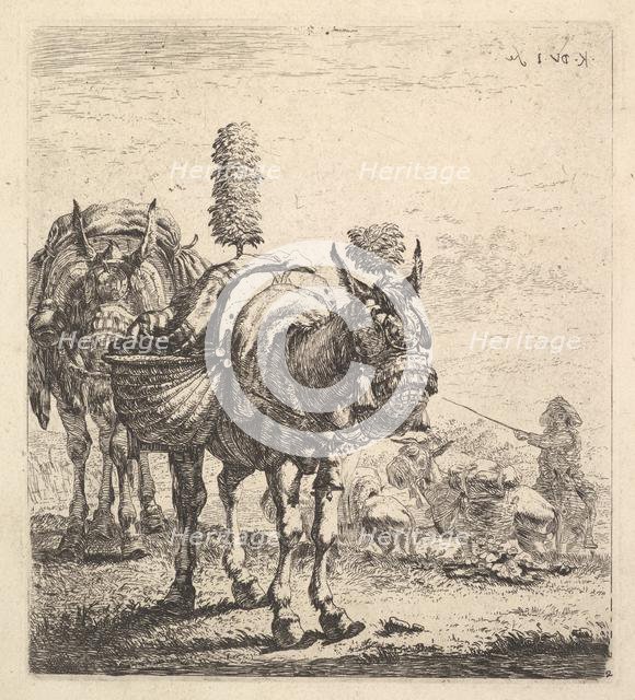 Two mules bearing panniers and outfitted with blinders, plumes, and tassels; one mu..., ca. 1641-78. Creator: Karel Du Jardin.