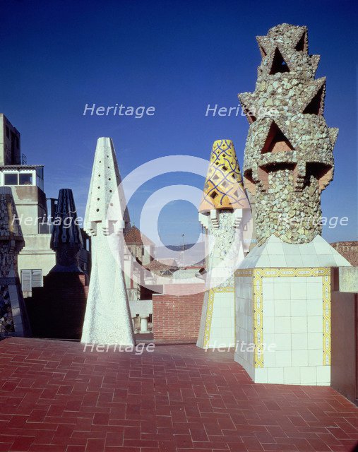 Chimneys on the east sector of the Güell Palace, 1886-1890, designed by Antoni Gaudí i Cornet, re…