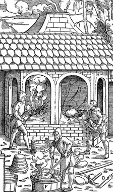 Refining copper: removing cakes of copper from the crucible and quenching in a tub of water, 1556. Artist: Unknown