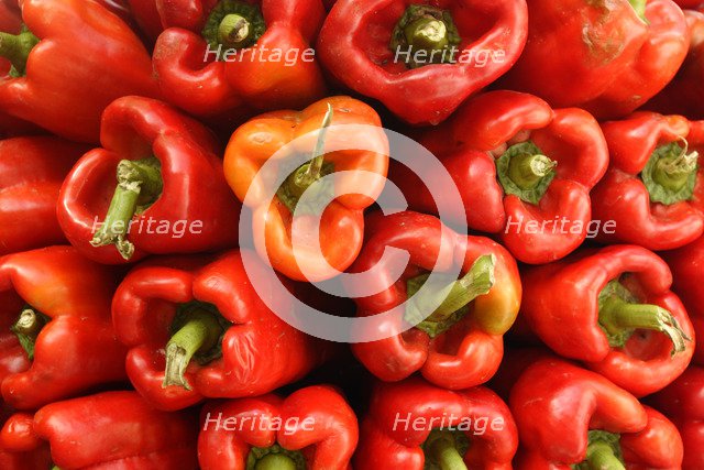 Red peppers in a market, Mallorca, Spain.