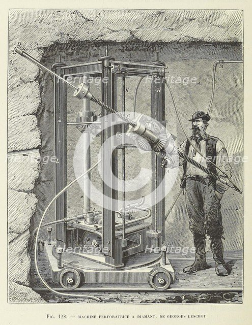 Diamond Drilling Machine designed by Georges Leschot, pub. 1883 (engraving), 1883. Creator: Unknown.