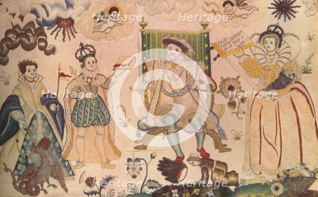 A tapestry featuring Henry VIII, Edward VI and Elizabeth I. Thought to be Elizabethan, (1914). Artist: Unknown