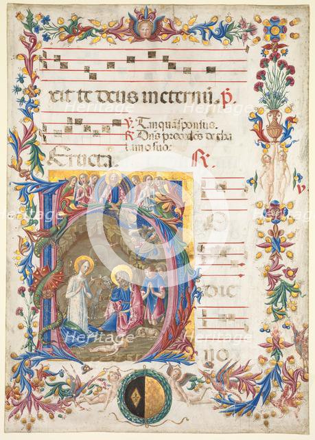 Single Leaf from an Antiphonary: Initial H[odie nobis] with The Nativity, 1471. Creator: Benvenuto di Giovanni (Italian, 1436-1509/17).