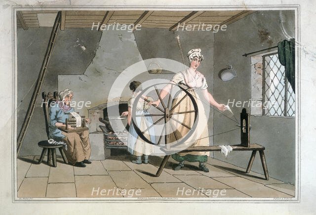 Women Spinning and Carding Wool, 1814. Creator: George Walker of Seacroft.