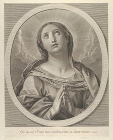 The Virgin in prayer, looking up with clouds behind her, in an oval frame, after Reni, ..., 1648-81. Creator: François de Poilly.