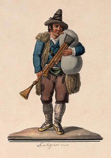 A man playing the bagpipes. Creator: Unknown.