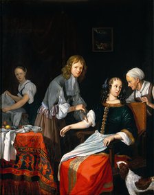 A surgeon binding up a woman's arm after bloodletting, c1700. Creator: Jacob Toorenvliet.