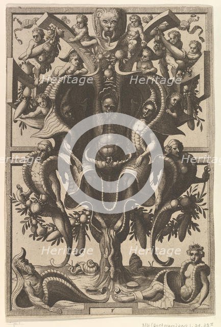 Auricular Cartouche with Figures within a Strapwork Frame from Veederley Veranderinghe van..., 1556. Creators: Johannes van Doetecum I, Lucas van Doetecum.