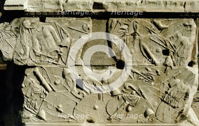 Relief depicting Roman shields and armour. Artist: Unknown