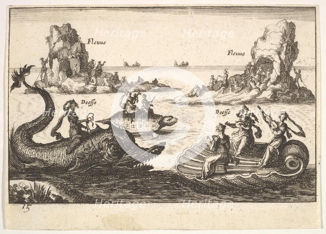 Plate 15: Rivers and goddesses, with floating islands guided by pole bearers, female figur..., 1664. Creator: Unknown.