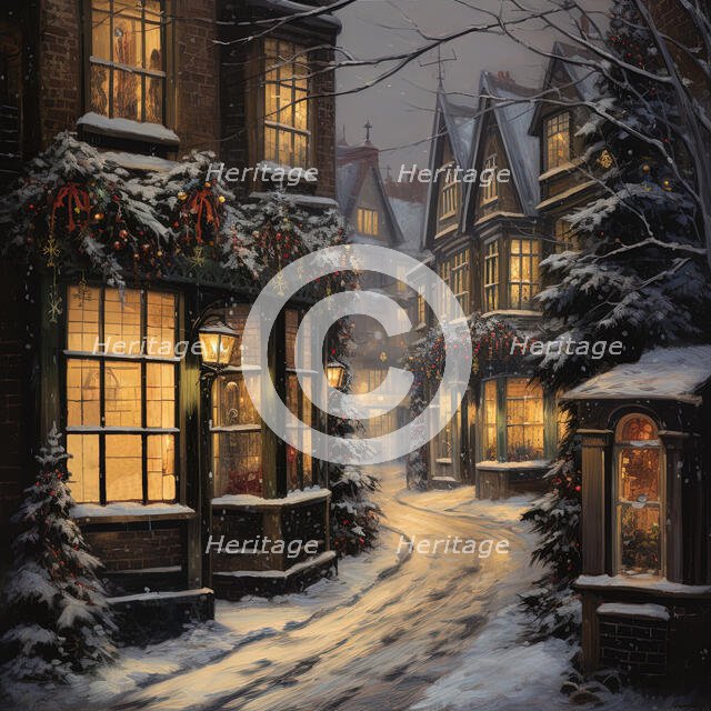 AI Image - Illustration of a Dickensian Christmas street scene, 2023. Creator: Heritage Images.