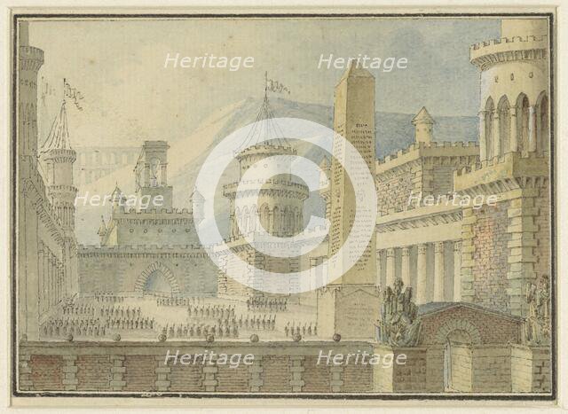 Courtyard of a fortress with obelisk, troops in line, 1800-1900. Creator: Alphonse Jean-Baptiste Vien.